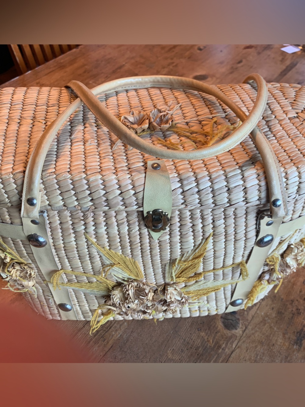 Vintage Woven Straw Tote with Yellow Floral Embroidery - Picture 2 of 16